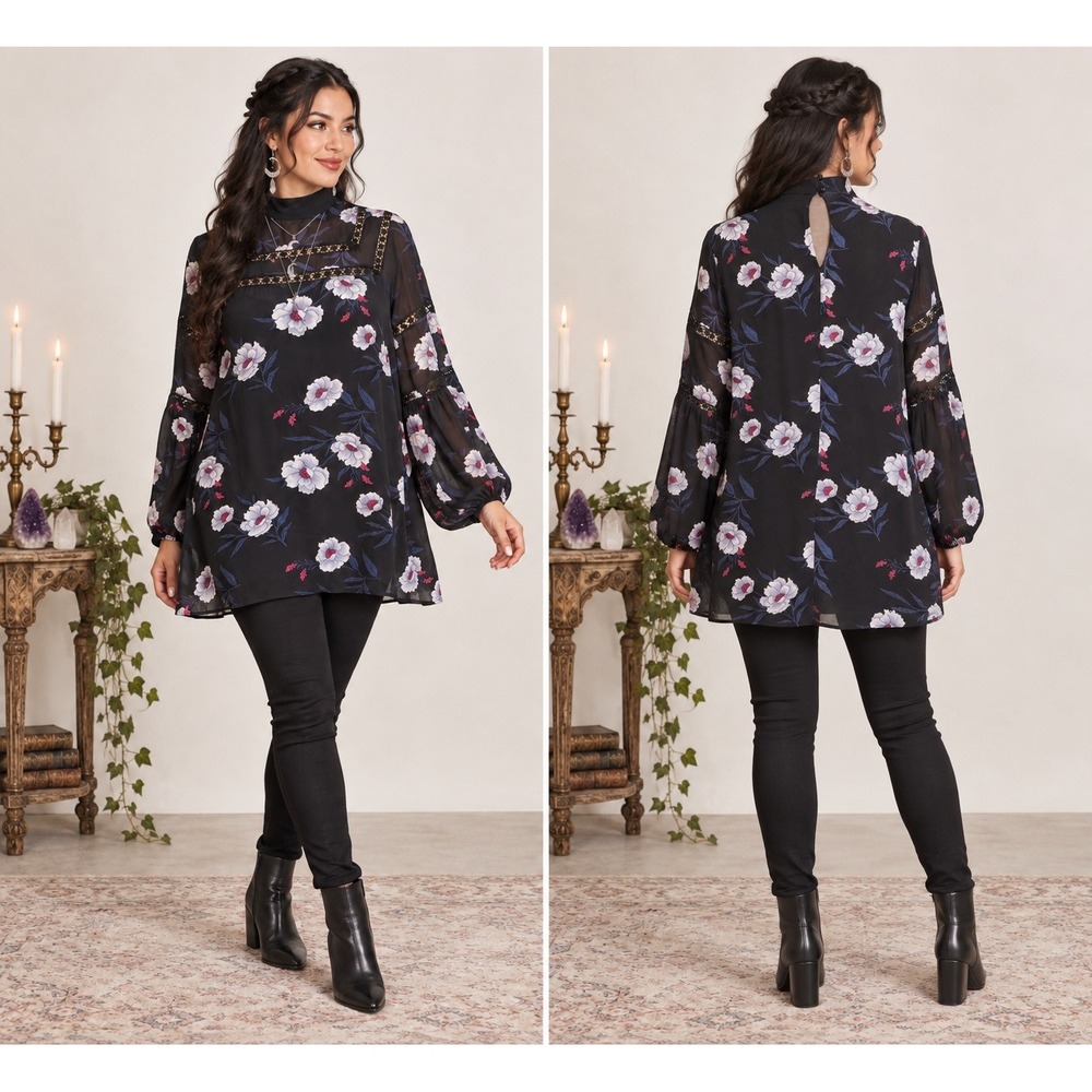 Boho Whimsigoth Fairygrunge Emo Black Floral Crochet Bell Sleeve Tunic M Top